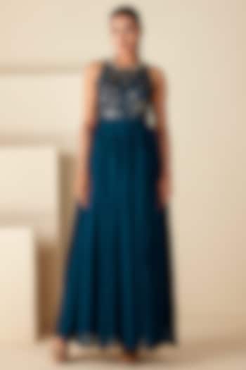Teal Blue Georgette Crepe Sequins Embroidered Dress by Suruchi Parakh
