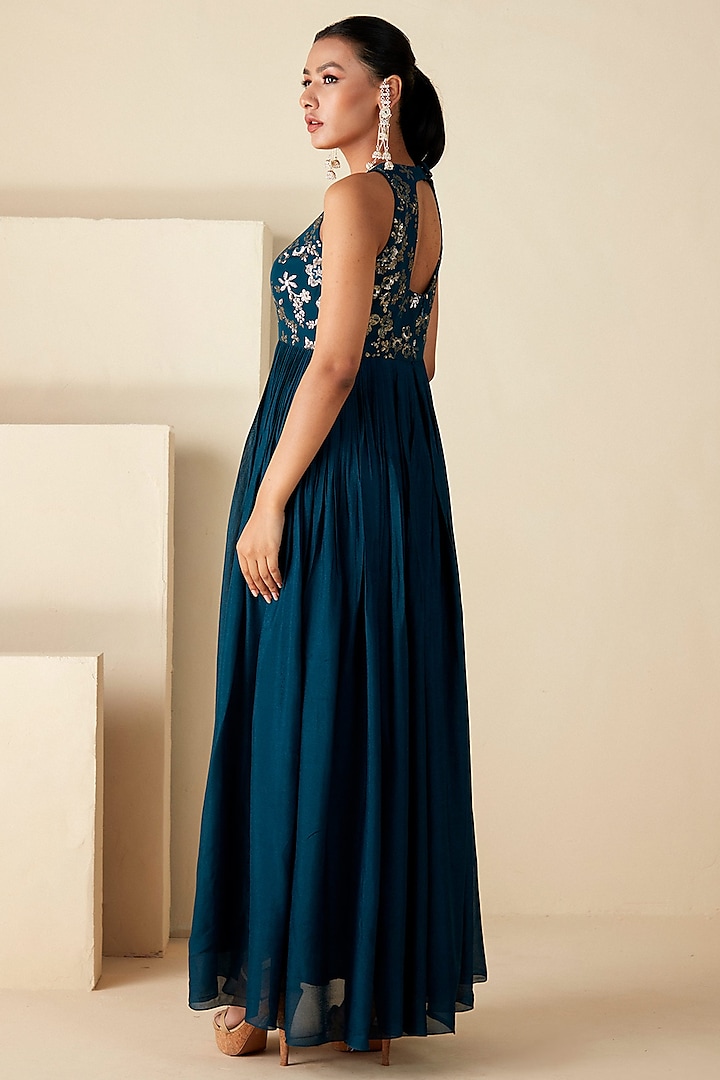 Teal Blue Georgette Crepe Sequins Embroidered Vacation Dress by Suruchi Parakh at Pernia's Pop Up Shop