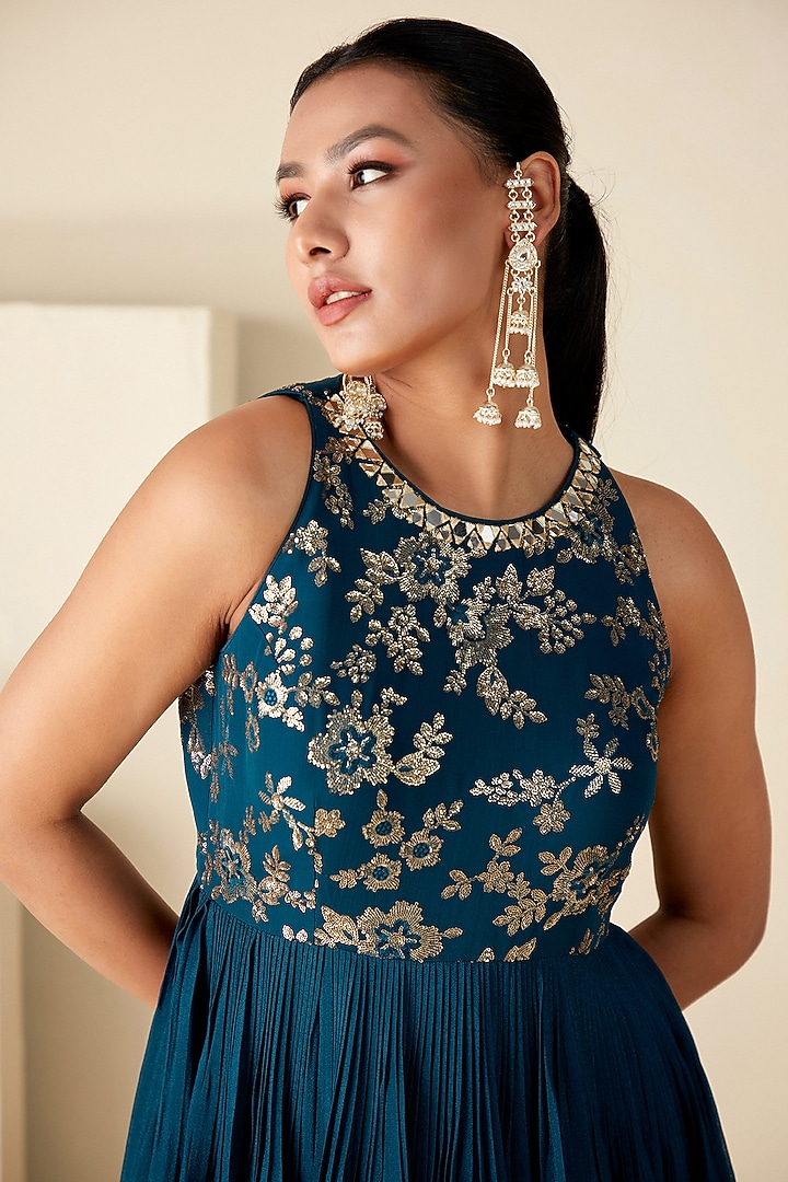 Teal Blue Georgette Crepe Sequins Embroidered Vacation Dress by Suruchi Parakh at Pernia's Pop Up Shop