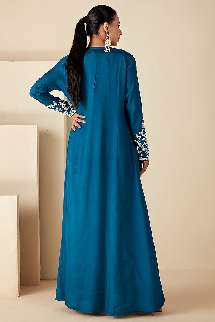 Teal Blue Crepe Silk Handwork Jacket Set by Suruchi Parakh at Pernia's Pop Up Shop