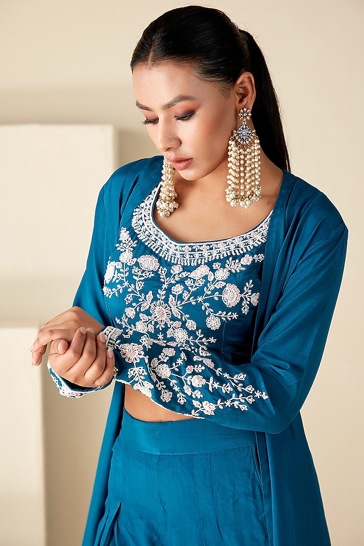 Teal Blue Crepe Silk Handwork Jacket Set by Suruchi Parakh at Pernia's Pop Up Shop