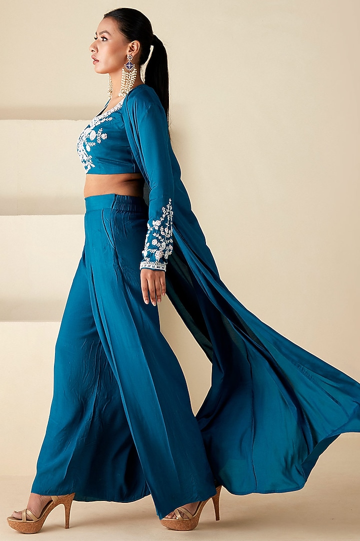 Teal Blue Crepe Silk Handwork Jacket Set by Suruchi Parakh at Pernia's Pop Up Shop