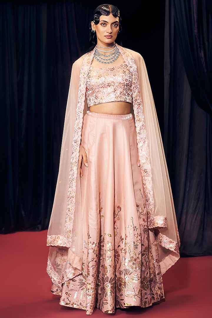 Pastel Pink Tissue Organza Silk Floral Embroidered Wedding Lehenga Set by Suruchi Parakh at Pernia's Pop Up Shop