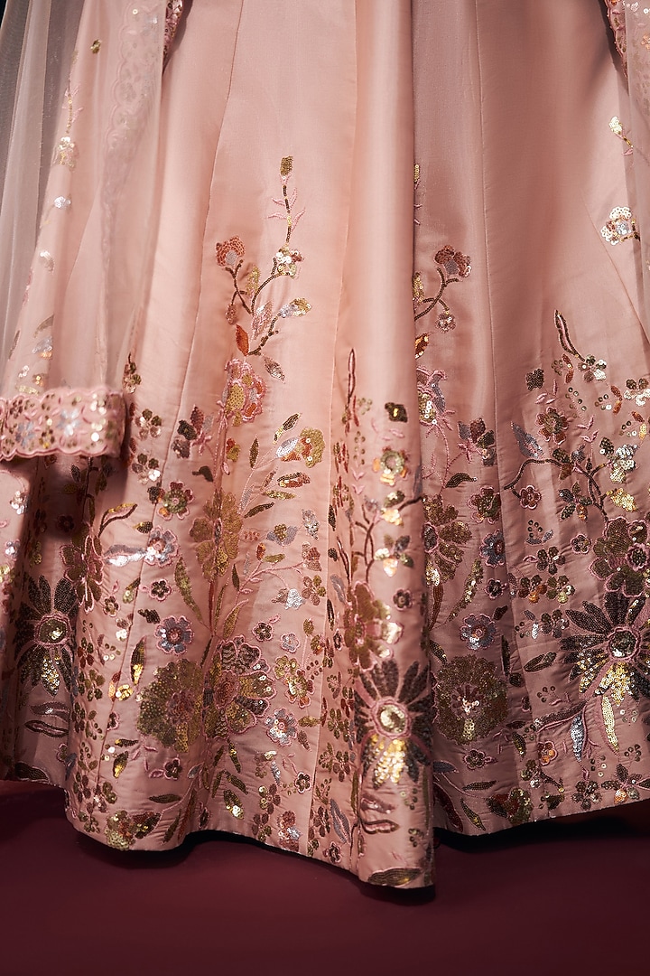 Pastel Pink Tissue Organza Silk Floral Embroidered Wedding Lehenga Set by Suruchi Parakh at Pernia's Pop Up Shop