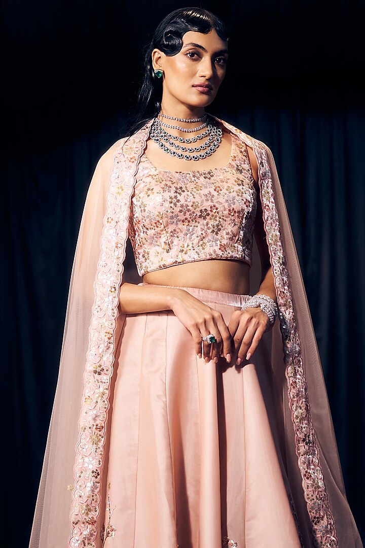 Pastel Pink Tissue Organza Silk Floral Embroidered Wedding Lehenga Set by Suruchi Parakh at Pernia's Pop Up Shop