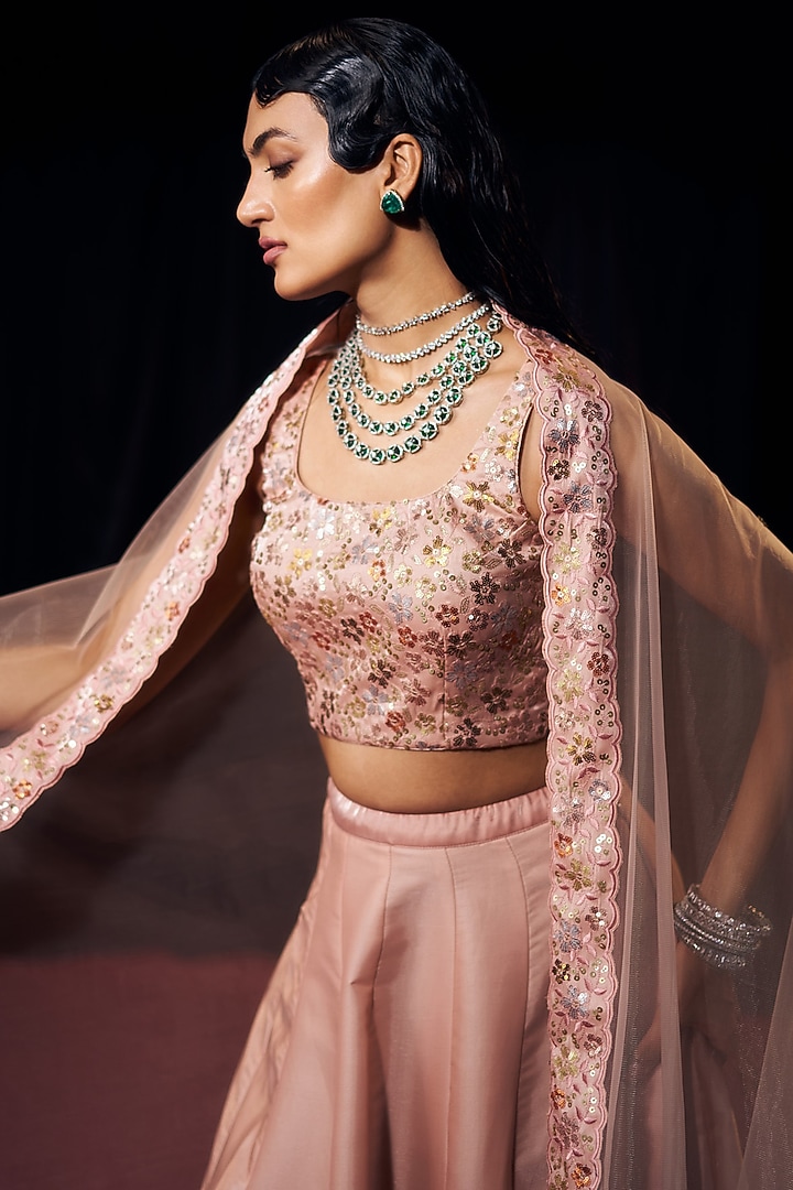 Pastel Pink Tissue Organza Silk Floral Embroidered Wedding Lehenga Set by Suruchi Parakh at Pernia's Pop Up Shop