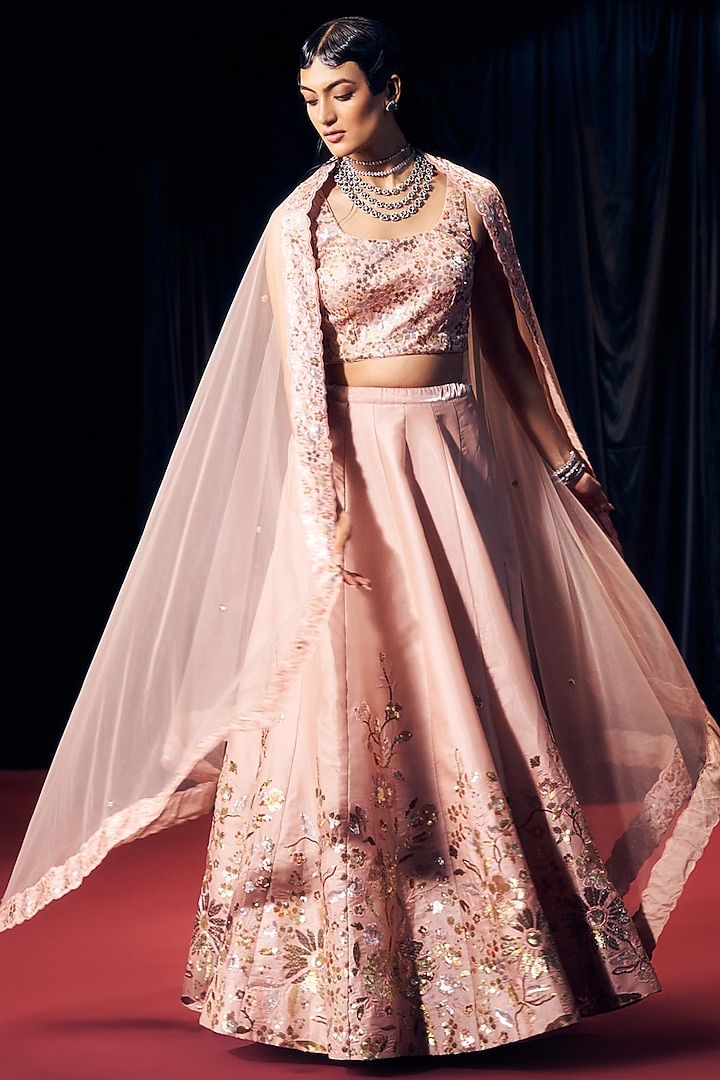 Pastel Pink Tissue Organza Silk Floral Embroidered Wedding Lehenga Set by Suruchi Parakh at Pernia's Pop Up Shop