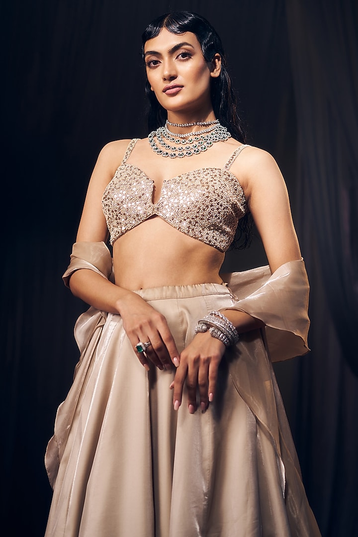 Nude Tissue Organza Silk Kalidar Wedding Lehenga Set by Suruchi Parakh at Pernia's Pop Up Shop