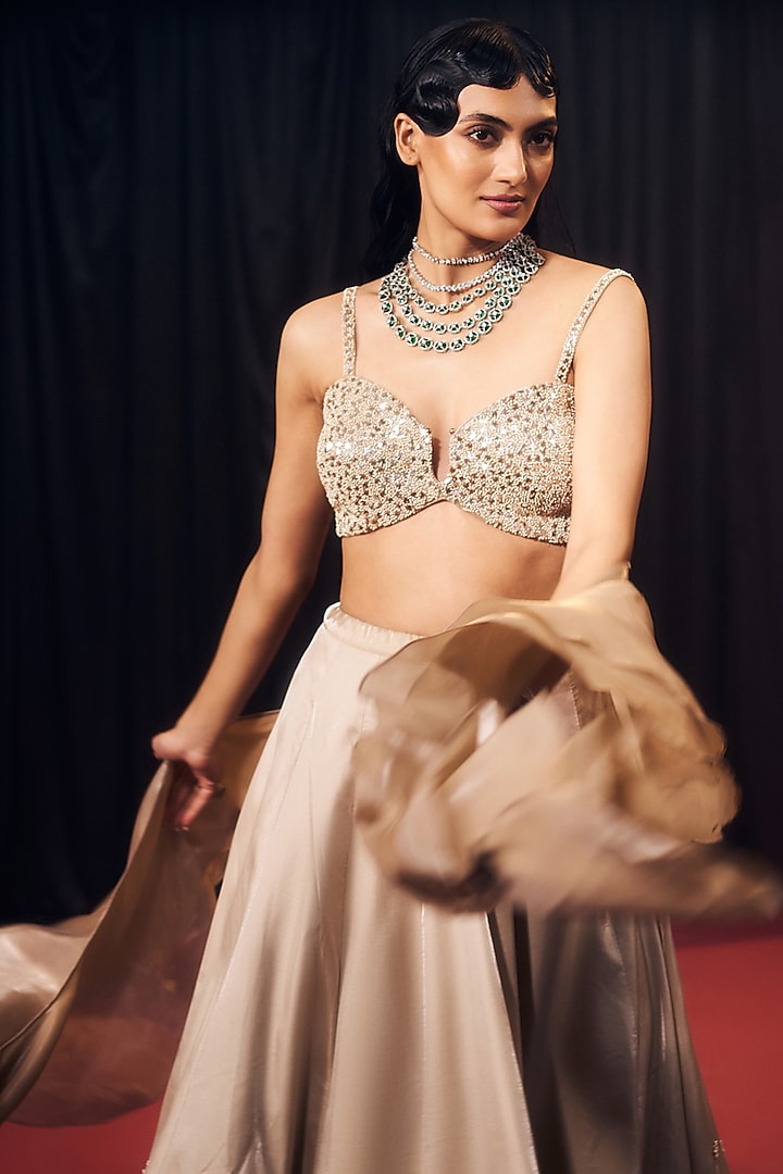 Nude Tissue Organza Silk Kalidar Wedding Lehenga Set by Suruchi Parakh at Pernia's Pop Up Shop