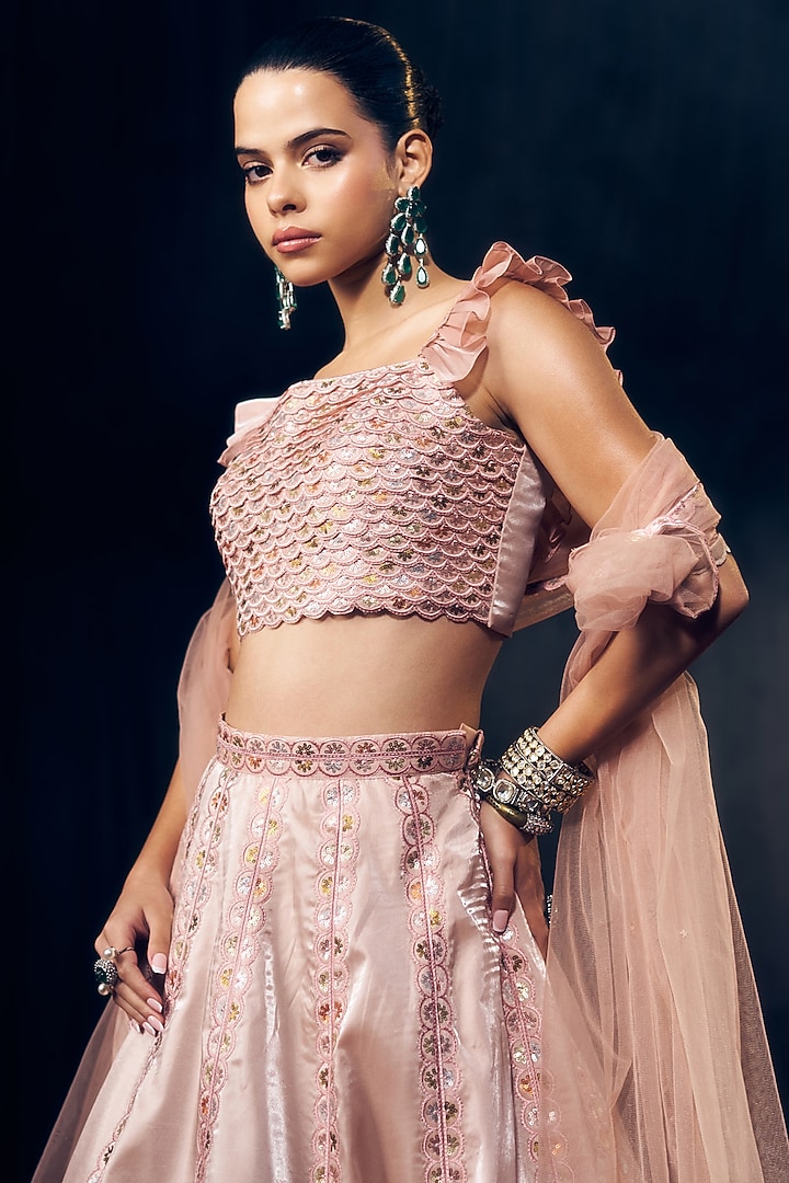 Pastel Pink Tissue Organza Silk Zari Embroidered Wedding Lehenga Set by Suruchi Parakh at Pernia's Pop Up Shop