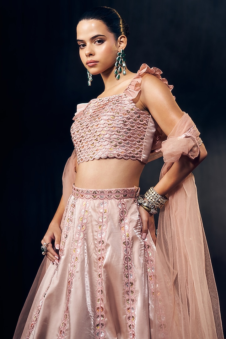 Pastel Pink Tissue Organza Silk Zari Embroidered Wedding Lehenga Set by Suruchi Parakh at Pernia's Pop Up Shop