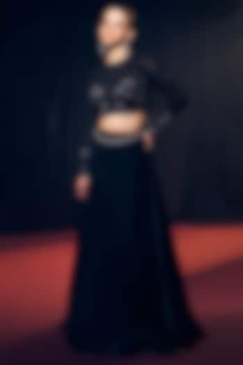 Black Tissue Organza Silk Floral Hand Embroidered Wedding Lehenga Set by Suruchi Parakh at Pernia's Pop Up Shop