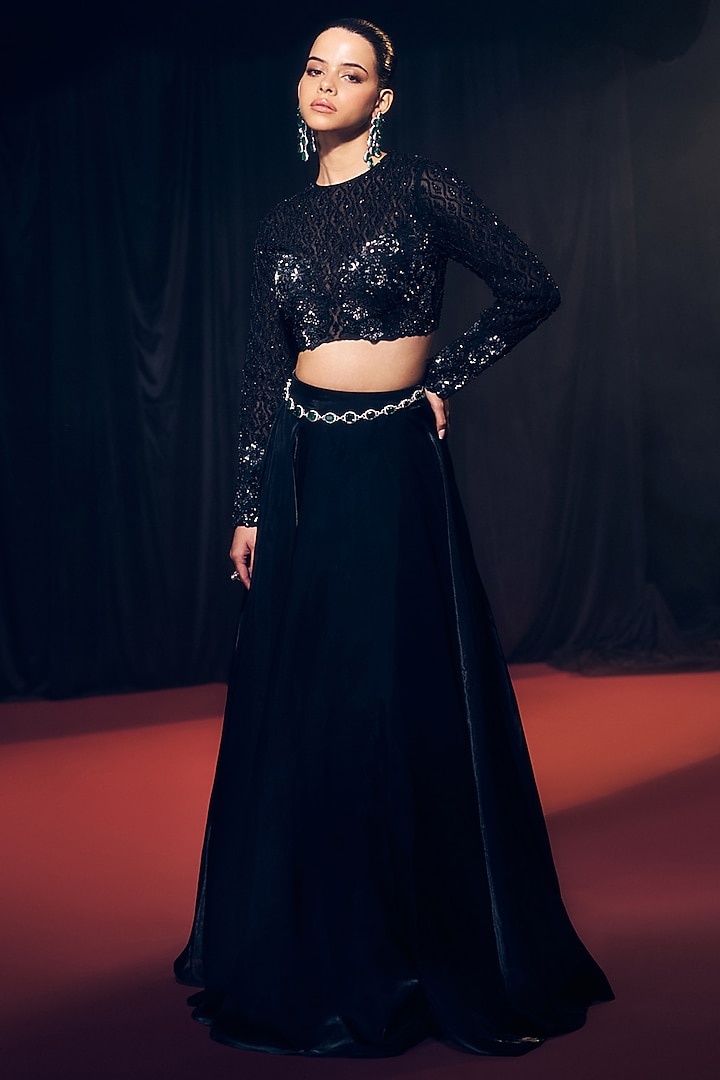 Black Tissue Organza Silk Floral Hand Embroidered Wedding Lehenga Set by Suruchi Parakh at Pernia's Pop Up Shop