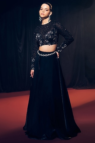 Black Tissue Organza Silk Floral Hand Embroidered Lehenga Set by Suruchi Parakh