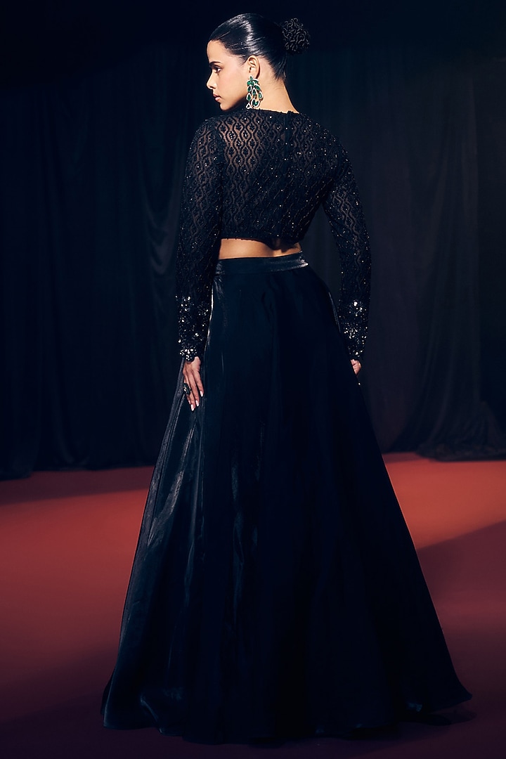 Black Tissue Organza Silk Floral Hand Embroidered Wedding Lehenga Set by Suruchi Parakh at Pernia's Pop Up Shop