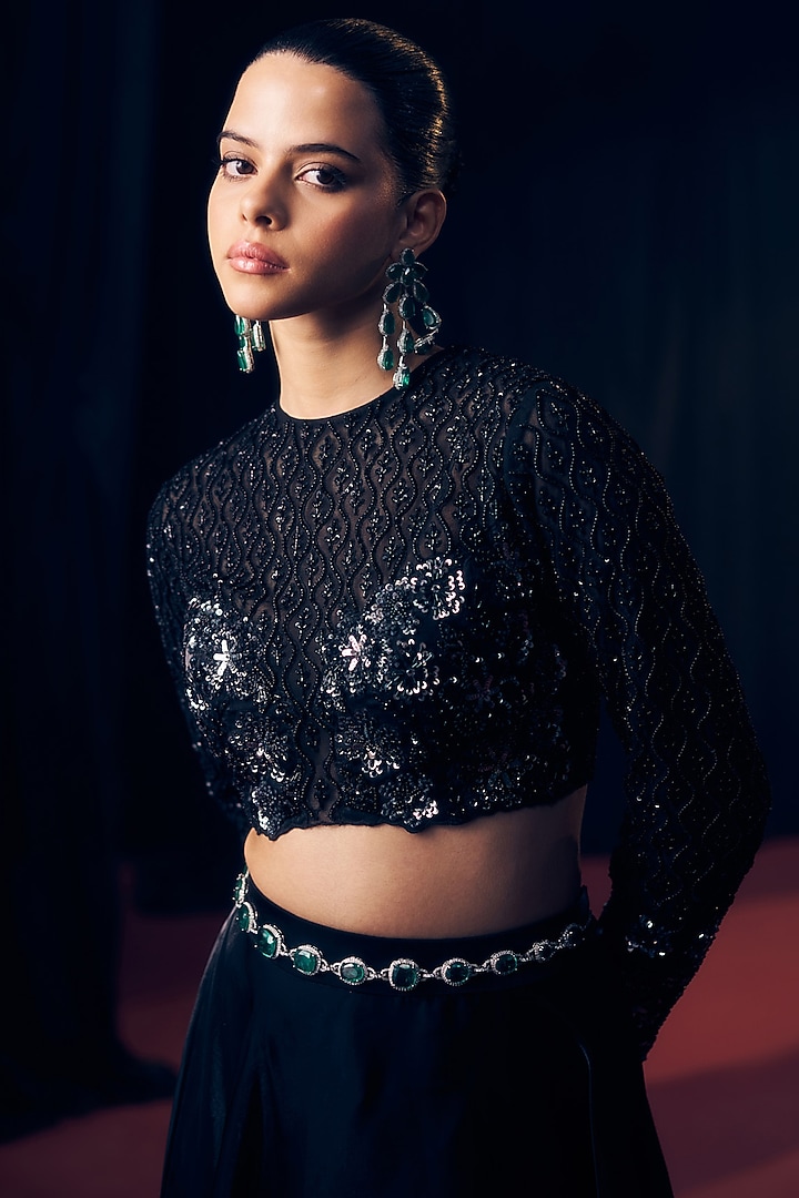 Black Tissue Organza Silk Floral Hand Embroidered Wedding Lehenga Set by Suruchi Parakh at Pernia's Pop Up Shop