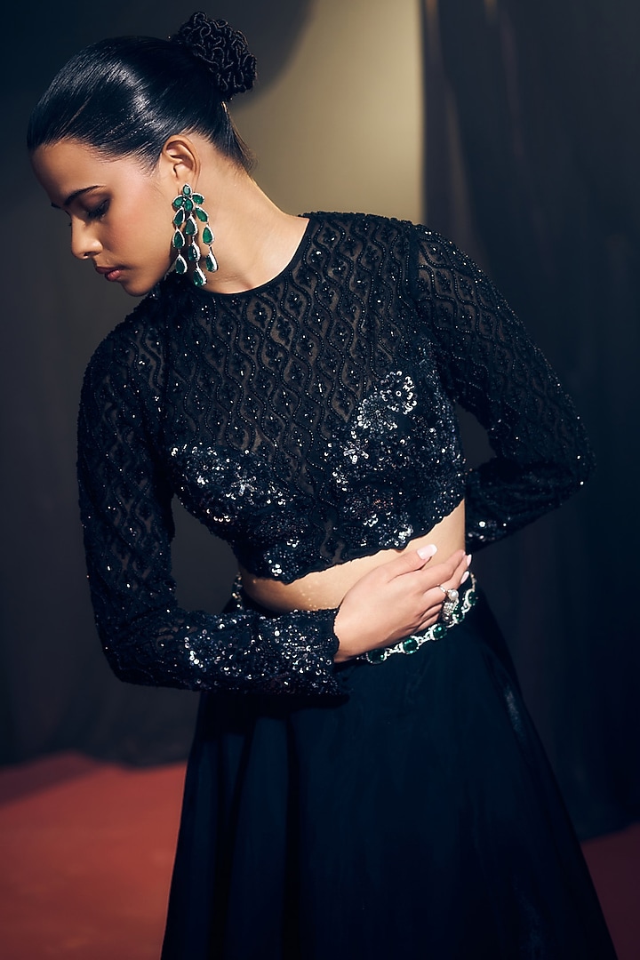 Black Tissue Organza Silk Floral Hand Embroidered Wedding Lehenga Set by Suruchi Parakh at Pernia's Pop Up Shop
