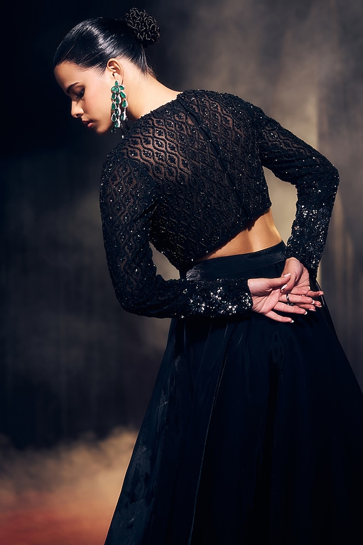 Black Tissue Organza Silk Floral Hand Embroidered Wedding Lehenga Set by Suruchi Parakh at Pernia's Pop Up Shop