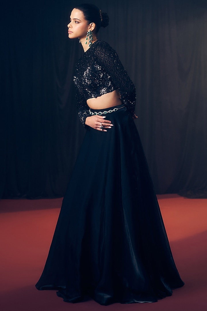 Black Tissue Organza Silk Floral Hand Embroidered Wedding Lehenga Set by Suruchi Parakh at Pernia's Pop Up Shop