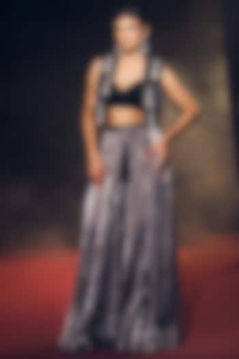 Grey & Black Tissue Organza Silk Hand Embroidered Jacket Set by Suruchi Parakh at Pernia's Pop Up Shop