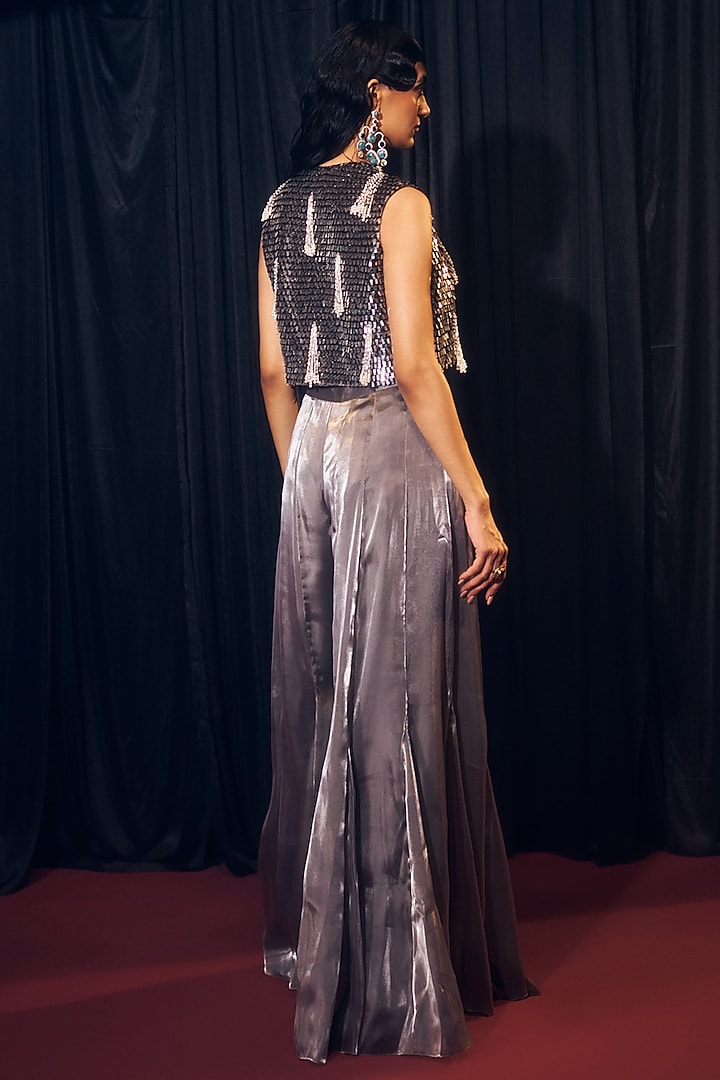 Grey & Black Tissue Organza Silk Hand Embroidered Jacket Set by Suruchi Parakh at Pernia's Pop Up Shop