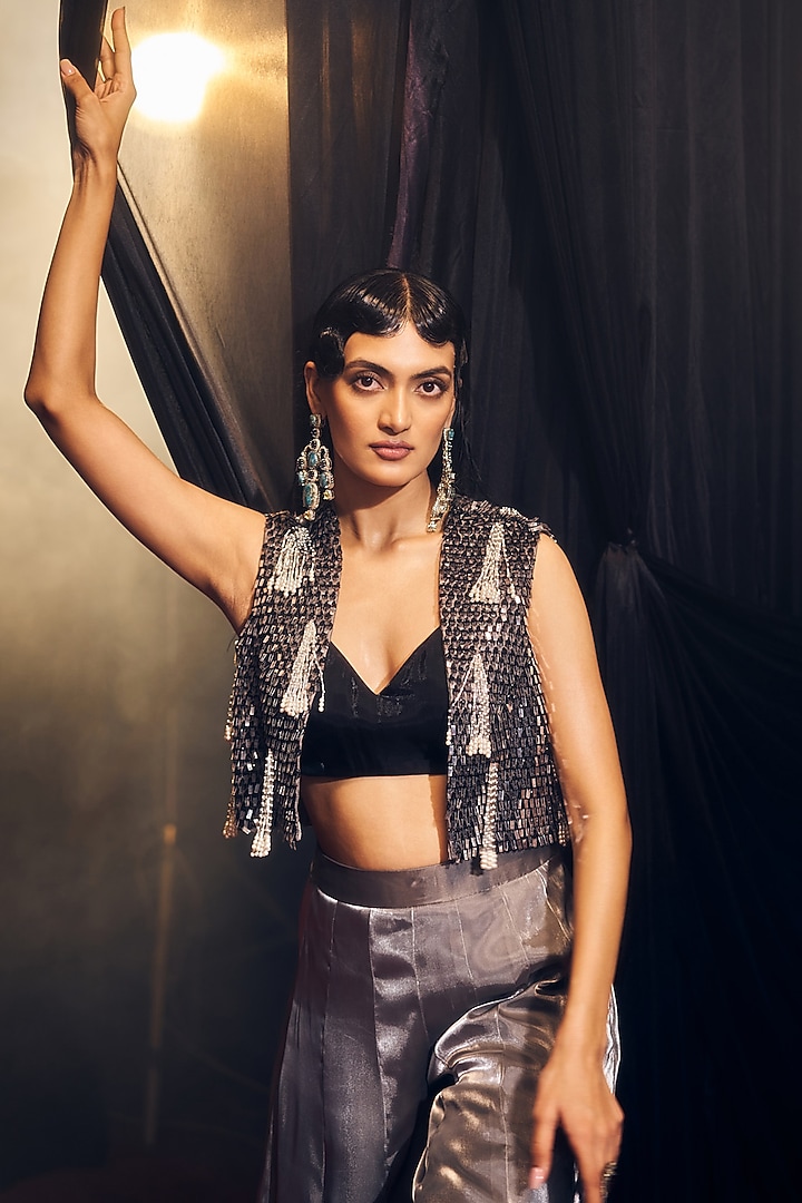 Grey & Black Tissue Organza Silk Hand Embroidered Jacket Set by Suruchi Parakh at Pernia's Pop Up Shop