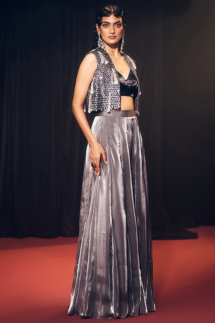 Grey & Black Tissue Organza Silk Hand Embroidered Jacket Set by Suruchi Parakh at Pernia's Pop Up Shop