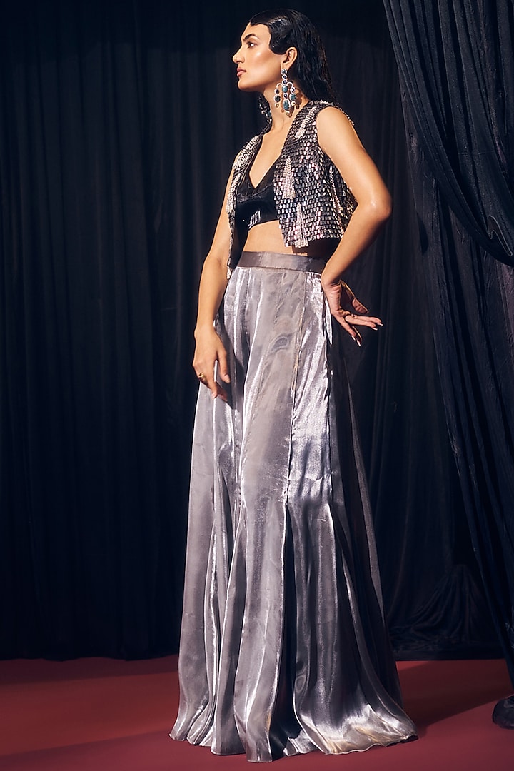 Grey & Black Tissue Organza Silk Hand Embroidered Jacket Set by Suruchi Parakh at Pernia's Pop Up Shop
