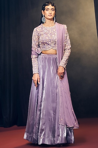 Lilac Tissue Organza Silk Handcrafted Lehenga Set by Suruchi Parakh