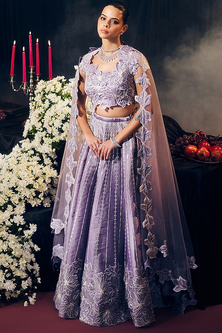 Lilac Tissue Organza Silk Thread Work Wedding Lehenga Set by Suruchi Parakh at Pernia's Pop Up Shop