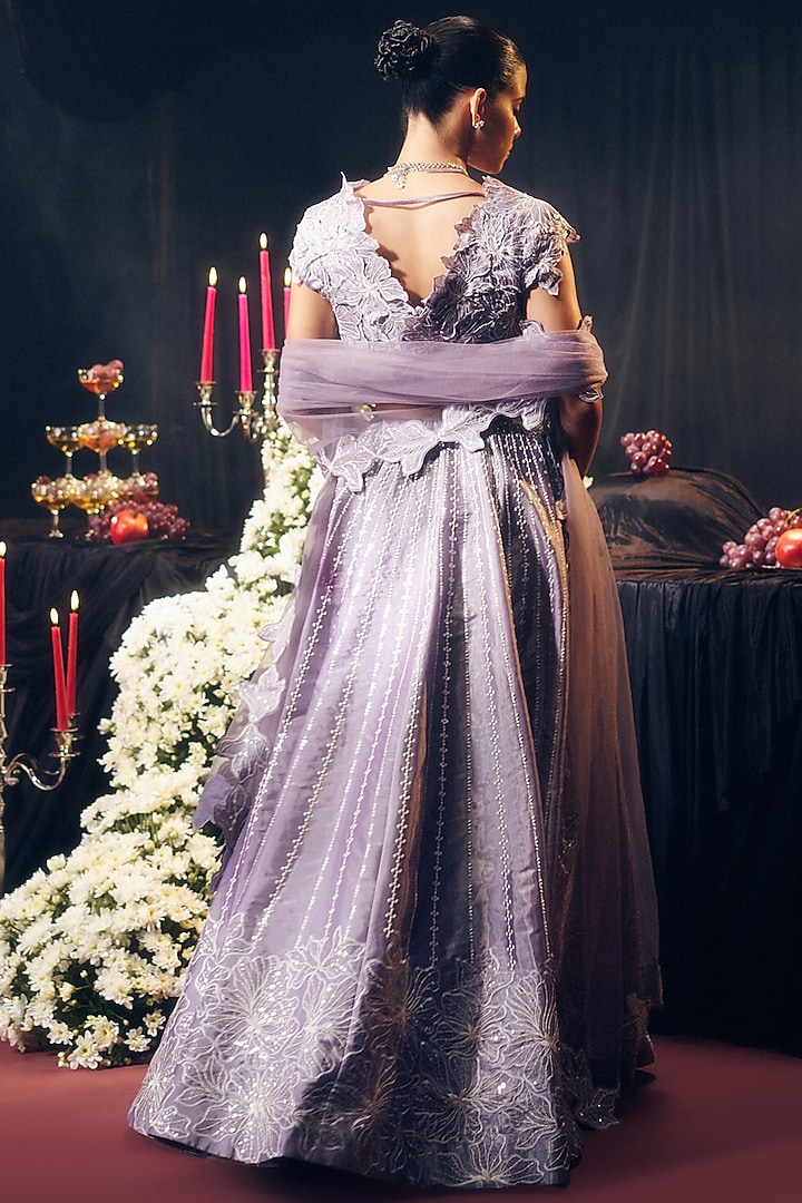 Lilac Tissue Organza Silk Thread Work Wedding Lehenga Set by Suruchi Parakh at Pernia's Pop Up Shop