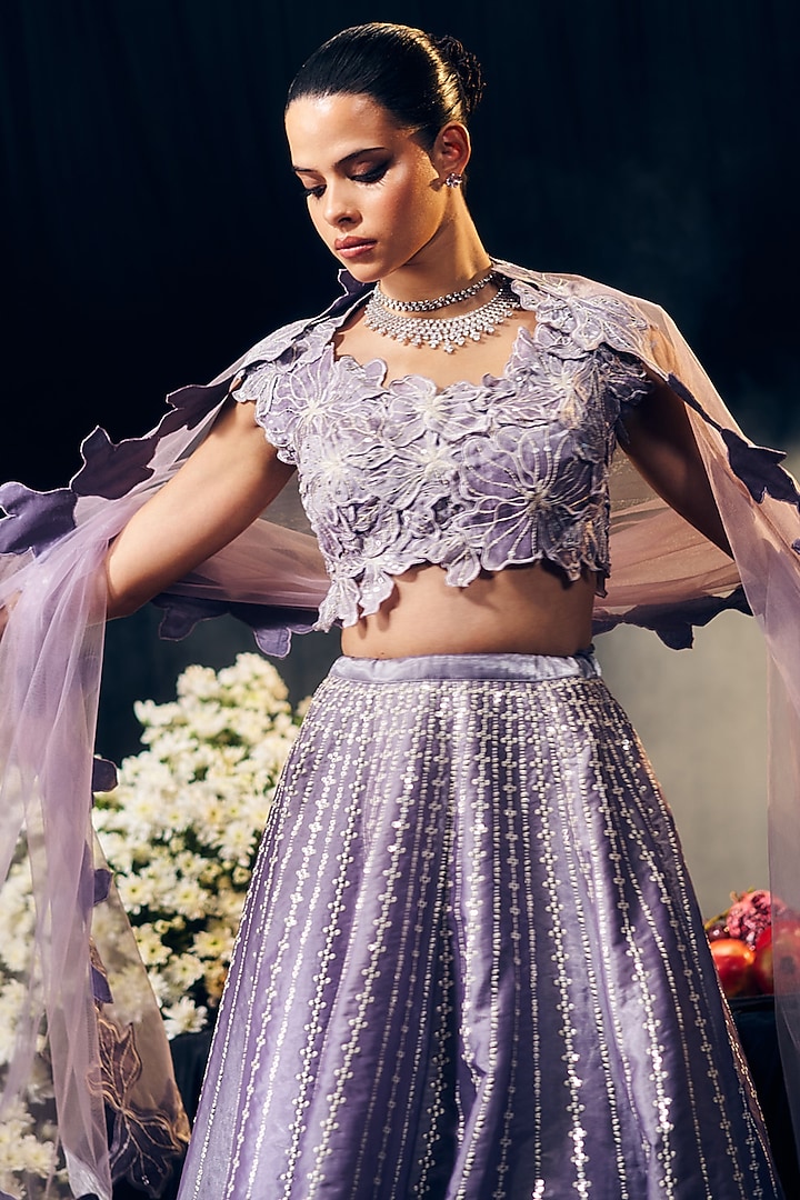 Lilac Tissue Organza Silk Thread Work Wedding Lehenga Set by Suruchi Parakh at Pernia's Pop Up Shop