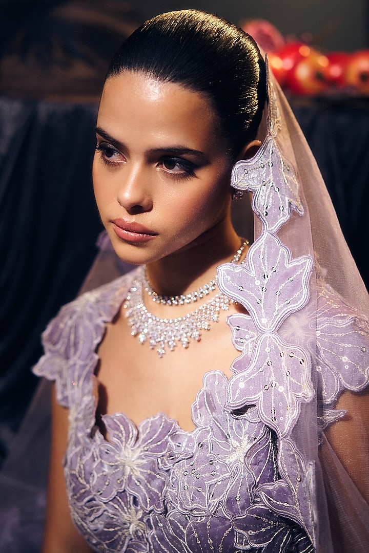 Lilac Tissue Organza Silk Thread Work Wedding Lehenga Set by Suruchi Parakh at Pernia's Pop Up Shop