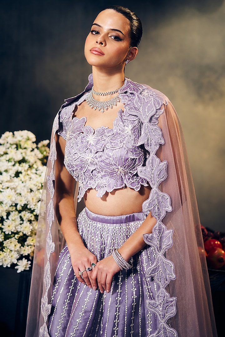 Lilac Tissue Organza Silk Thread Work Wedding Lehenga Set by Suruchi Parakh at Pernia's Pop Up Shop