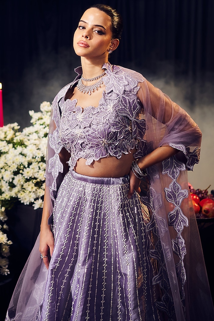 Lilac Tissue Organza Silk Thread Work Wedding Lehenga Set by Suruchi Parakh at Pernia's Pop Up Shop
