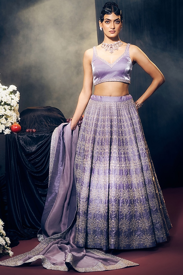 Lilac Tissue Organza Silk Zari Embroidered Wedding Lehenga Set by Suruchi Parakh at Pernia's Pop Up Shop