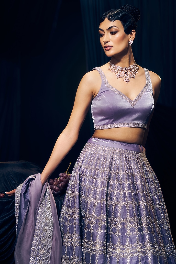 Lilac Tissue Organza Silk Zari Embroidered Wedding Lehenga Set by Suruchi Parakh at Pernia's Pop Up Shop