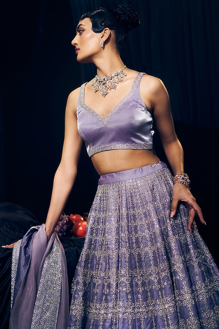 Lilac Tissue Organza Silk Zari Embroidered Wedding Lehenga Set by Suruchi Parakh at Pernia's Pop Up Shop