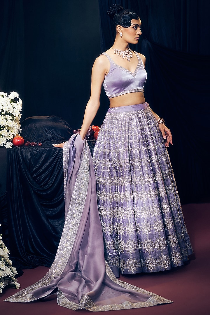 Lilac Tissue Organza Silk Zari Embroidered Wedding Lehenga Set by Suruchi Parakh at Pernia's Pop Up Shop