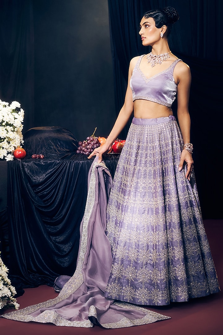 Lilac Tissue Organza Silk Zari Embroidered Wedding Lehenga Set by Suruchi Parakh at Pernia's Pop Up Shop