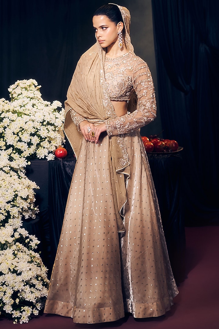 Nude Tissue Organza Silk Embroidered Wedding Lehenga Set by Suruchi Parakh at Pernia's Pop Up Shop