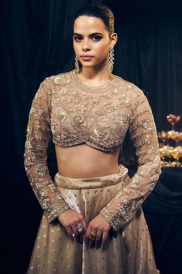 Nude Tissue Organza Silk Embroidered Wedding Lehenga Set by Suruchi Parakh at Pernia's Pop Up Shop