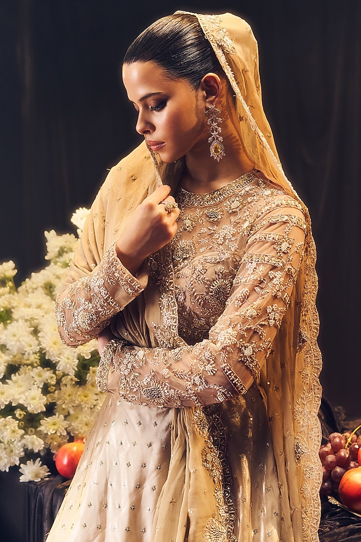 Nude Tissue Organza Silk Embroidered Wedding Lehenga Set by Suruchi Parakh at Pernia's Pop Up Shop