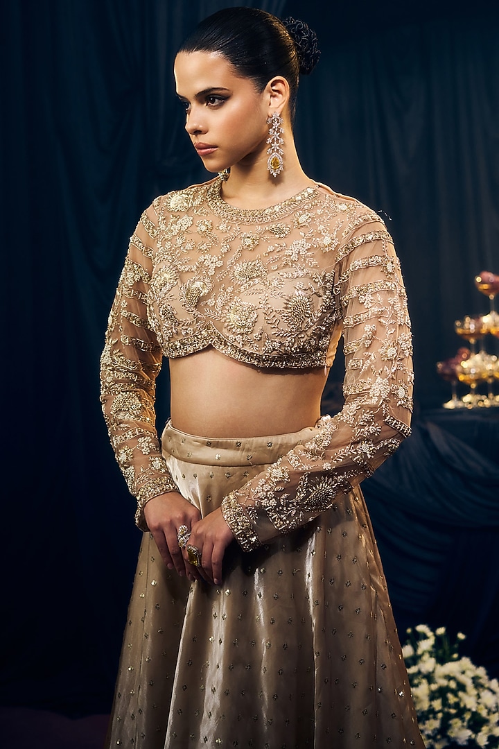 Nude Tissue Organza Silk Embroidered Wedding Lehenga Set by Suruchi Parakh at Pernia's Pop Up Shop