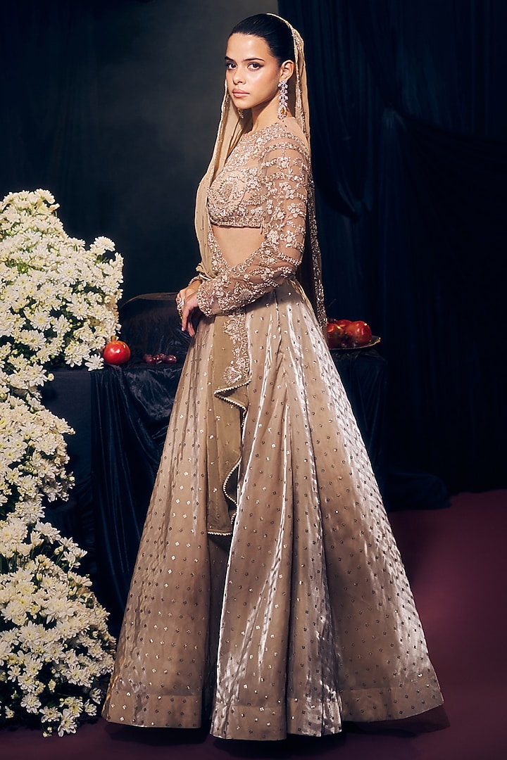 Nude Tissue Organza Silk Embroidered Wedding Lehenga Set by Suruchi Parakh at Pernia's Pop Up Shop