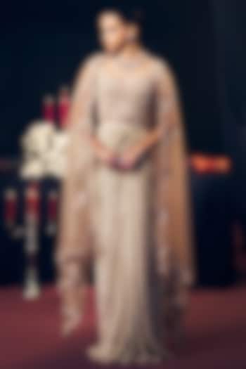 Nude Crepe & Net Pre-Draped Skirt Set by Suruchi Parakh at Pernia's Pop Up Shop