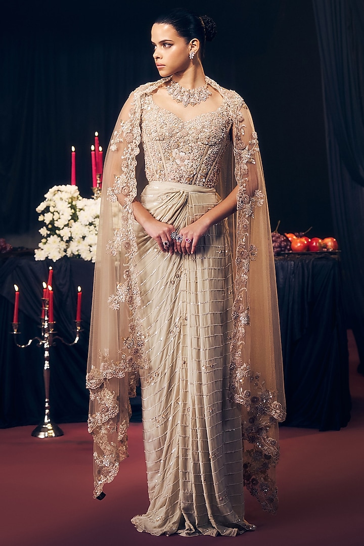 Nude Crepe & Net Pre-Draped Skirt Set by Suruchi Parakh at Pernia's Pop Up Shop