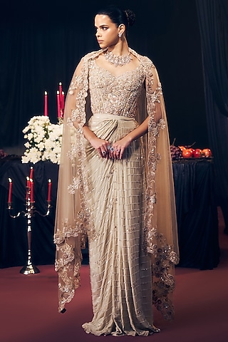 Nude Crepe & Net Pre-Draped Skirt Set by Suruchi Parakh