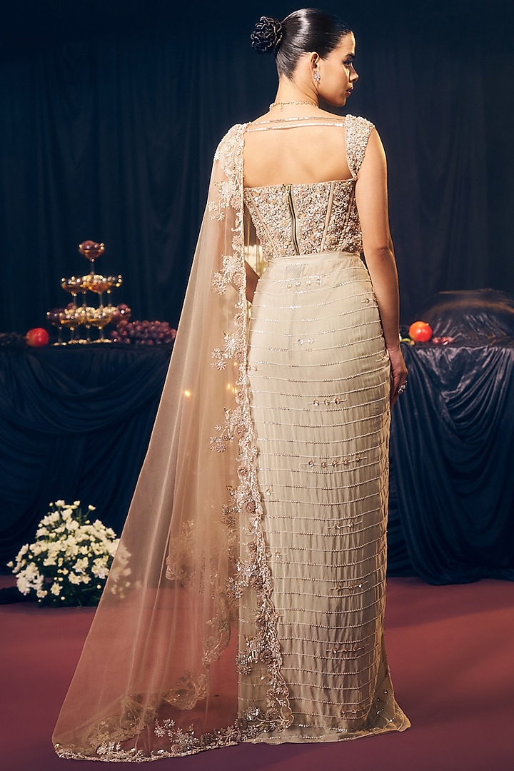 Nude Crepe & Net Pre-Draped Skirt Set by Suruchi Parakh at Pernia's Pop Up Shop