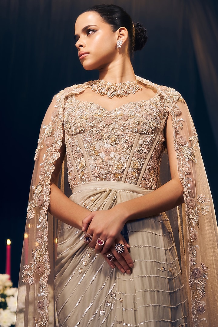 Nude Crepe & Net Pre-Draped Skirt Set by Suruchi Parakh at Pernia's Pop Up Shop